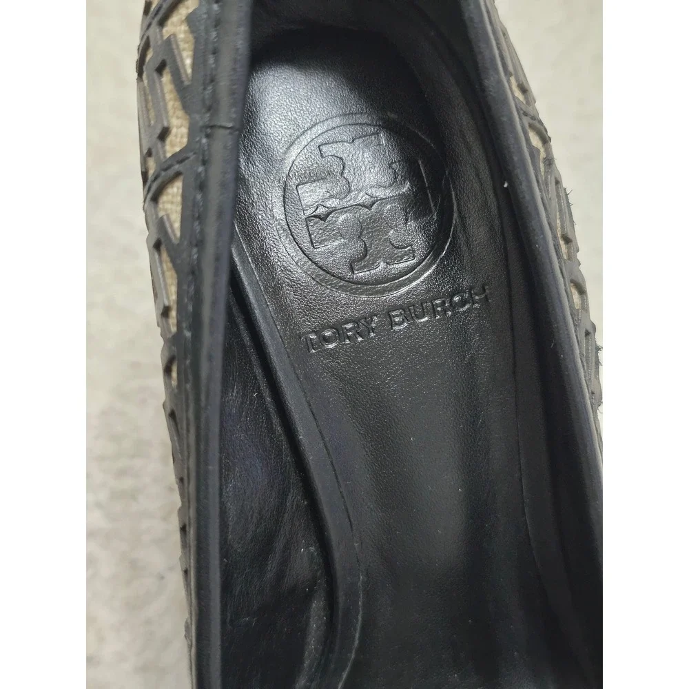 Tory Burch Black Leather Logo Laser Cut Peep Toe Platform Pumps Heels 6.5M
